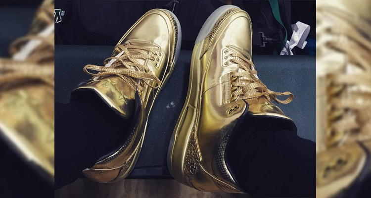 Kyrie Irving wearing Usher's All Gold Air Jordan 3