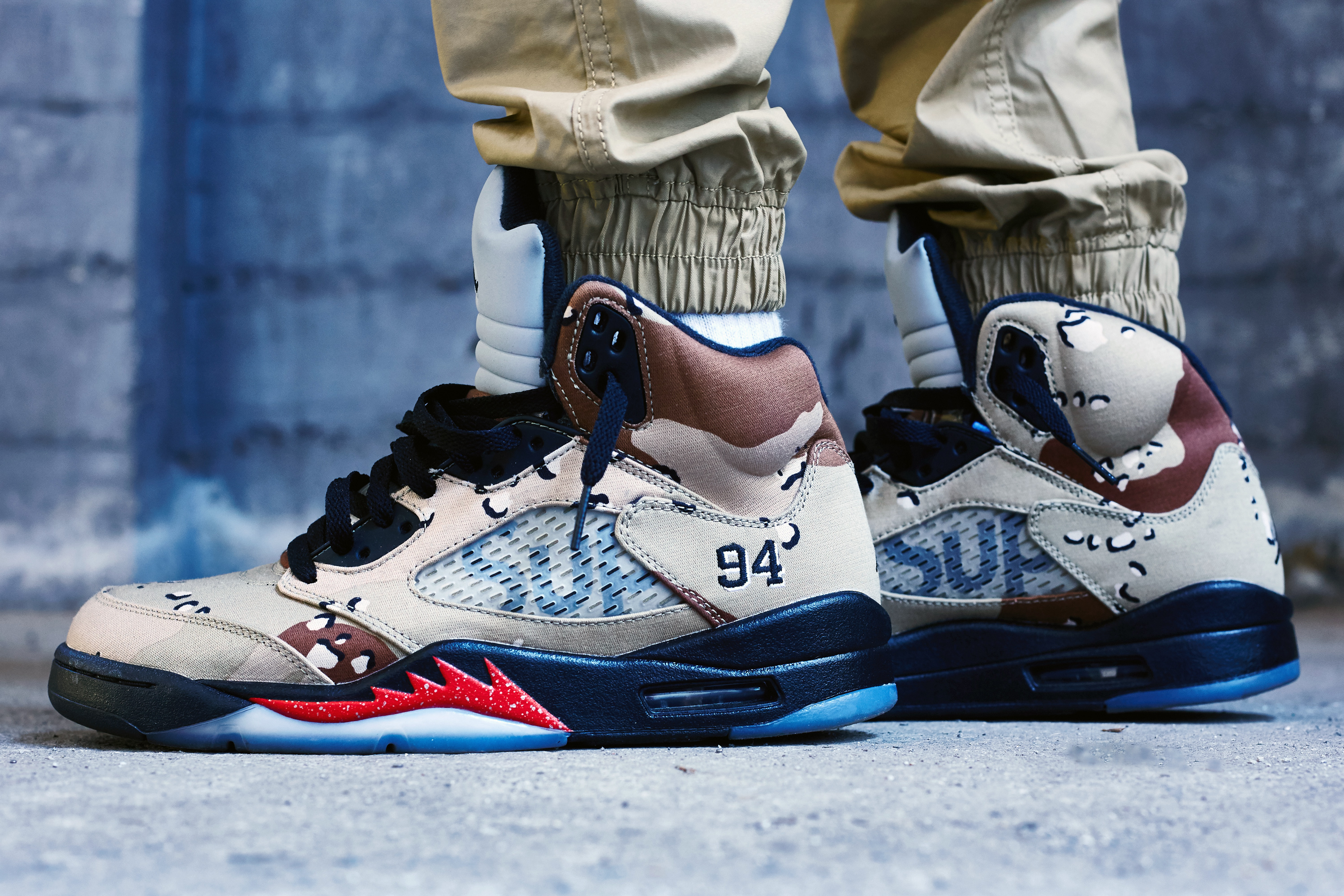 Supreme x Air Jordan 5 Desert Camo On-Foot Look