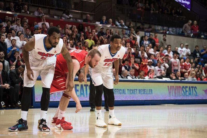 SMU's Markus Kennedy in the Nike LeBron 12 "What The" and Nic Moore in the Nike KD 8 EXT "White Woven" (Photo via Patrick Kleineberg)