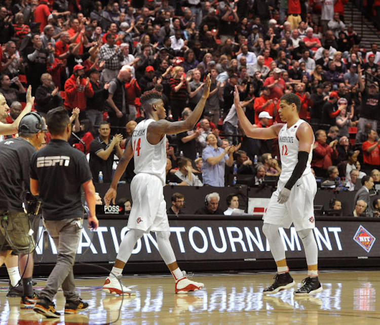 San Diego State's Zylan Cheatham in the Air Jordan 13 "Grey Toe" and Trey Kell in the Air Jordan 11 "72-10"