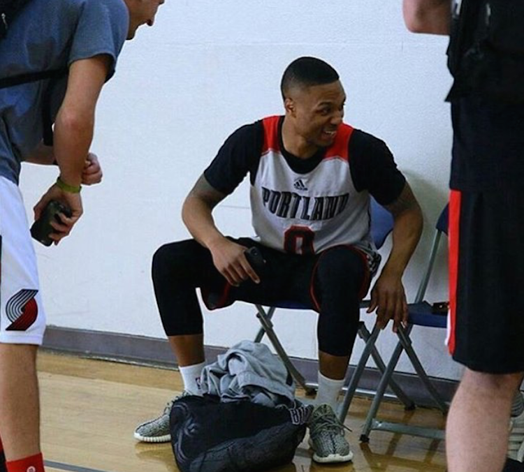 Portland Trailblazers' Damian Lillard in adidas Yeezy Boost 350 "Turtle Dove"