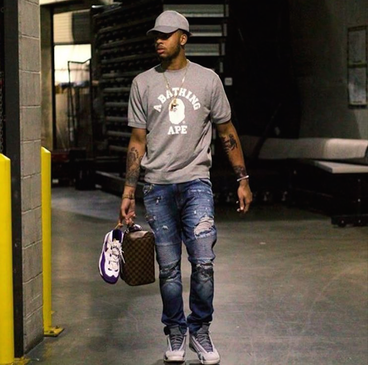 Los Angeles Lakers' D'Angelo Russell in the Air Jordan 14 "Wolf Grey"