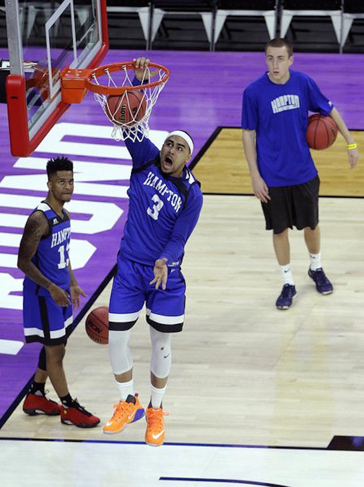 Hampton's Gregory "Pierre" Hayden in the Air Jordan 14 "Ferrari"