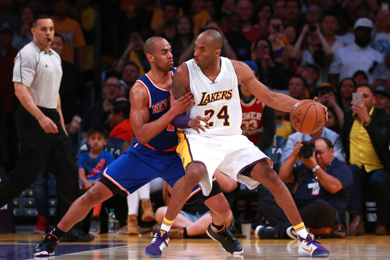 Kobe Bryant posting up in a Nike Kobe 11 PE