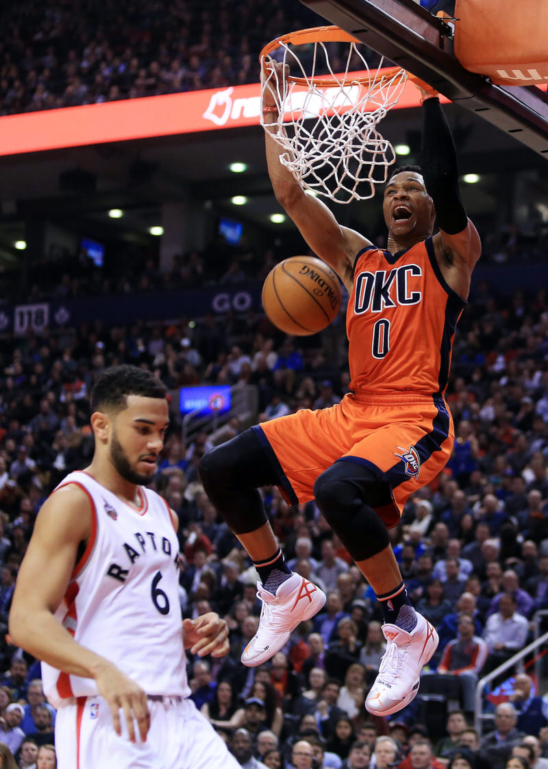 Russell Westbrook dunking in an Air Jordan XXX PE