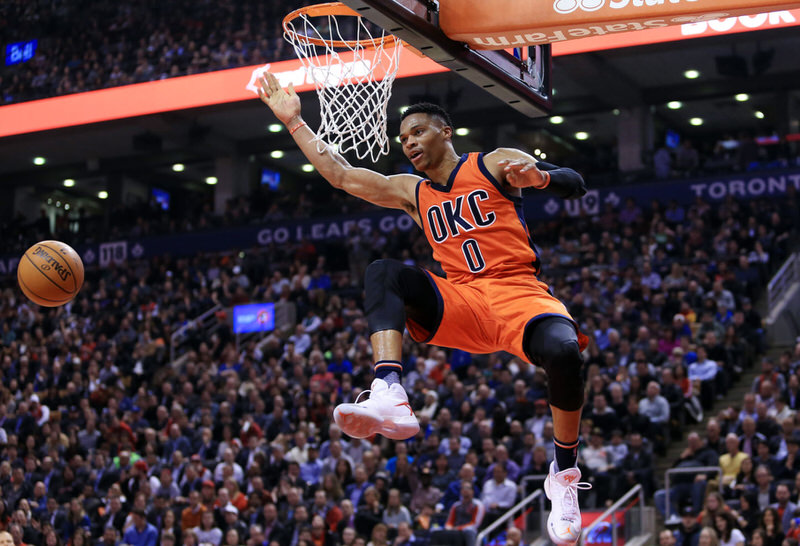 Russell Westbrook dunking in an Air Jordan XXX PE