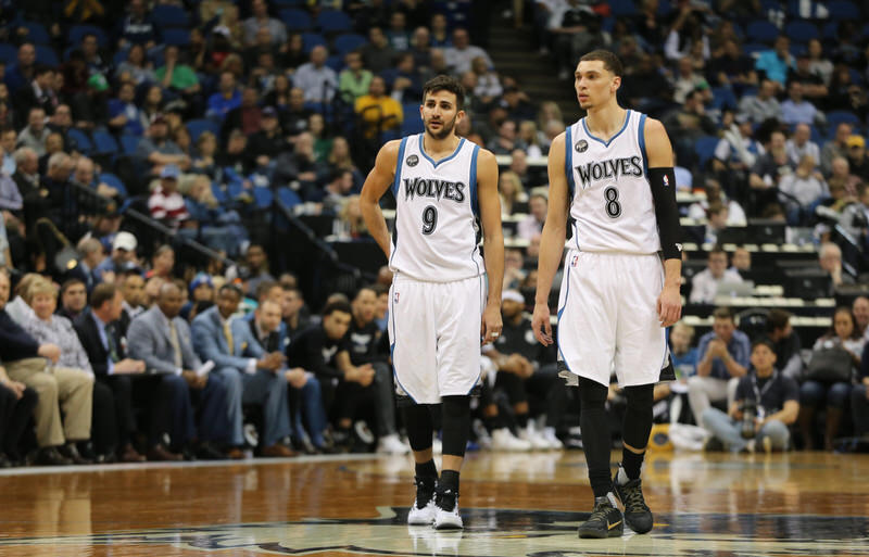 Ricky Rubio and Zach LaVine in the adidas Crazy Light Boost and the Nike Kobe 11 "Fade to Black," respectively