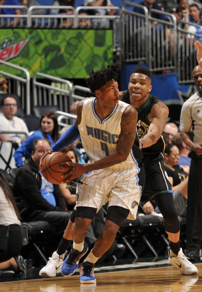 Elfrid Payton and Giannis Antetokounmpo in the Nike Kobe 11 "Black History Month" and the Nike Kobe X, respectively