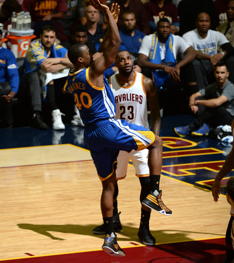 CLEVELAND, OH - JUNE 8: Harrison Barnes #40 of the Golden State Warriors shoots the ball during the game against the Cleveland Cavaliers during the 2016 NBA Finals Game Three on June 8, 2016 at Quicken Loans Arena in Cleveland, Ohio. NOTE TO USER: User expressly acknowledges and agrees that, by downloading and or using this Photograph, user is consenting to the terms and conditions of the Getty Images License Agreement. Mandatory Copyright Notice: Copyright 2016 NBAE (Photo by Garrett Ellwood/NBAE via Getty Images)