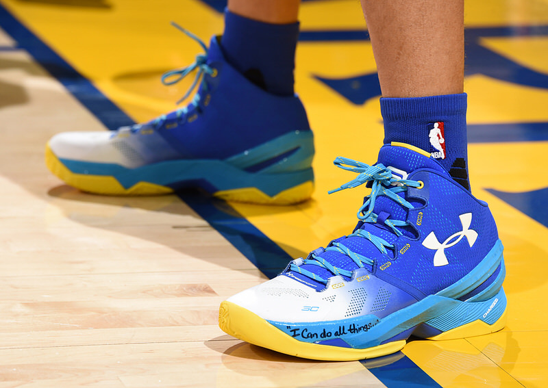 OAKLAND, CA - MAY 26:  The sneakers of Stephen Curry #30 of the Golden State Warriors before the game against the Oklahoma City Thunder in Game Five of the Western Conference Finals during the 2016 NBA Playoffs on May 26, 2016 at ORACLE Arena in Oakland, California. NOTE TO USER: User expressly acknowledges and agrees that, by downloading and/or using this Photograph, user is consenting to the terms and conditions of the Getty Images License Agreement. Mandatory Copyright Notice: Copyright 2016 NBAE (Photo by Andrew D. Bernstein/NBAE via Getty Images)