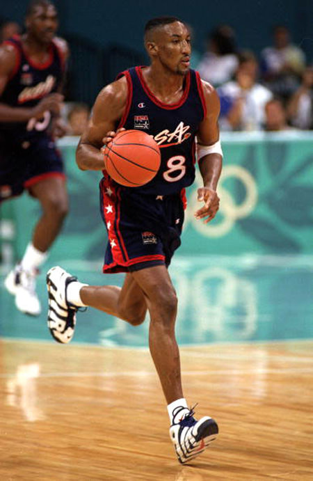 1996 Olympic Games, Atlanta, USA, Men's Basketball, USA 104 v Lithuania 82, USA+s Scottie Pippen dribbles the ball down the court (Photo by Popperfoto/Getty Images)