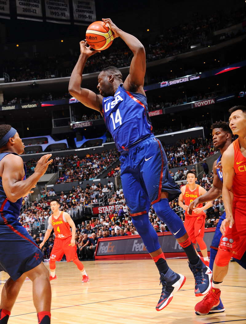 LOS ANGELES, CA - JULY 24: Draymond Green #14 of the USA Basketball Men's National Team grabs the rebound against China on July 24, 2016 at STAPLES Center in Los Angeles, California. NOTE TO USER: User expressly acknowledges and agrees that, by downloading and/or using this Photograph, user is consenting to the terms and conditions of the Getty Images License Agreement. Mandatory Copyright Notice: Copyright 2016 NBAE (Photo by Juan Ocampo/NBAE via Getty Images)