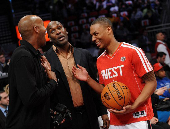 HOUSTON, TX - FEBRUARY 16: NBA Legends Sam Cassell and Gary Payton talk with Damian Lillard of the West team during 2013 Sears Shooting Stars Competition on State Farm All-Star Saturday Night as part of 2013 NBA All-Star Weekend on February 16, 2013 at Toyota Center in Houston, Texas. NOTE TO USER: User expressly acknowledges and agrees that, by downloading and or using this photograph, User is consenting to the terms and conditions of the Getty Images License Agreement. Mandatory Copyright Notice: Copyright 2013 NBAE (Photo by Noah Graham/NBAE via Getty Images)