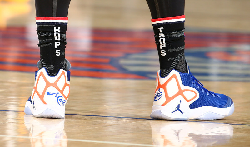 NEW YORK, NY - NOVEMBER 6: Carmelo Anthony #7 of the New York Knicks wears Hoops for Troops socks honoring members of the US armed forces and their families during the game against the Utah Jazz on November 6, 2016 at Madison Square Garden in New York City, New York. NOTE TO USER: User expressly acknowledges and agrees that, by downloading and or using this photograph, User is consenting to the terms and conditions of the Getty Images License Agreement. Mandatory Copyright Notice: Copyright 2016 NBAE (Photo by Nathaniel S. Butler/NBAE via Getty Images)