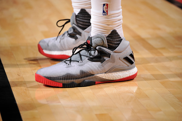 HOUSTON, TX - OCTOBER 4: The sneakers of James Harden #13 of the Houston Rockets during the game against the New York Knicks during a preseason game on October 4, 2016 at the Toyota Center in Houston, Texas. NOTE TO USER: User expressly acknowledges and agrees that, by downloading and or using this photograph, User is consenting to the terms and conditions of the Getty Images License Agreement. Mandatory Copyright Notice: Copyright 2016 NBAE (Photo by Bill Baptist/NBAE via Getty Images)