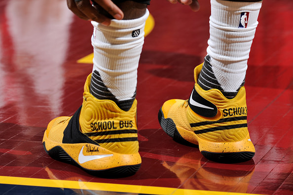 CLEVELAND, OH - OCTOBER 13: The sneakers of Kyrie Irving #2 of the Cleveland Cavaliers during the game against the Toronto Raptors on October 13, 2016 at Quicken Loans Arena in Cleveland, Ohio. NOTE TO USER: User expressly acknowledges and agrees that, by downloading and or using this Photograph, user is consenting to the terms and conditions of the Getty Images License Agreement. Mandatory Copyright Notice: Copyright 2016 NBAE (Photo by David Liam Kyle/NBAE via Getty Images)