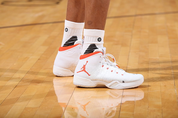 NEW ORLEANS, LA - OCTOBER 28: The shoes of Russell Westbrook #0 of the Oklahoma City Thunder are seen before the game against the Phoenix Suns on October 28, 2016 at the Smoothie King Center in New Orleans, Louisiana. NOTE TO USER: User expressly acknowledges and agrees that, by downloading and or using this Photograph, user is consenting to the terms and conditions of the Getty Images License Agreement. Mandatory Copyright Notice: Copyright 2016 NBAE (Photo by Joe Murphy/NBAE via Getty Images)