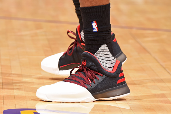 LOS ANGELES, CA - OCTOBER 26: The shoes of James Harden #13 of the Houston Rockets during the game against the Los Angeles Lakers on October 26, 2016 at STAPLES Center in Los Angeles, California. NOTE TO USER: User expressly acknowledges and agrees that, by downloading and/or using this Photograph, user is consenting to the terms and conditions of the Getty Images License Agreement. Mandatory Copyright Notice: Copyright 2016 NBAE (Photo by Andrew D. Bernstein/NBAE via Getty Images)