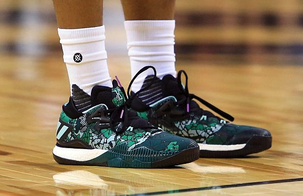 TORONTO, ON - OCTOBER 31: The shoes belonging to Kyle Lowry #7 of the Toronto Raptors during the first half of an NBA game against the Denver Nuggets at Air Canada Centre on October 31, 2016 in Toronto, Canada. NOTE TO USER: User expressly acknowledges and agrees that, by downloading and or using this photograph, User is consenting to the terms and conditions of the Getty Images License Agreement. (Photo by Vaughn Ridley/Getty Images)