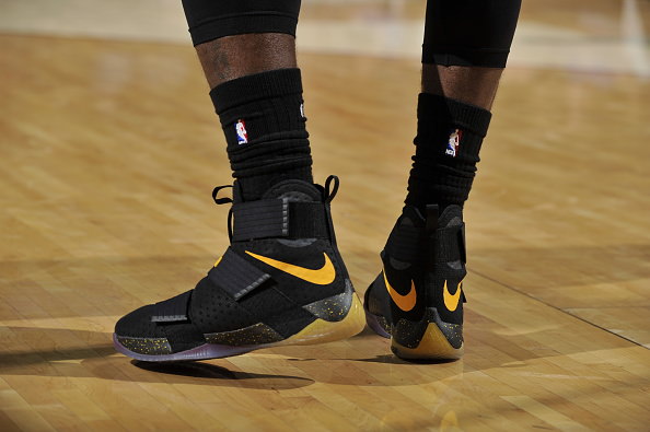 CLEVELAND, OH - NOVEMBER 1: The shoes of LeBron James #23 of the Cleveland Cavaliers are seen during the game against the Houston Rockets on November 1, 2016 at Quicken Loans Arena in Cleveland, Ohio. NOTE TO USER: User expressly acknowledges and agrees that, by downloading and or using this Photograph, user is consenting to the terms and conditions of the Getty Images License Agreement. Mandatory Copyright Notice: Copyright 2016 NBAE (Photo by David Liam Kyle/NBAE via Getty Images)