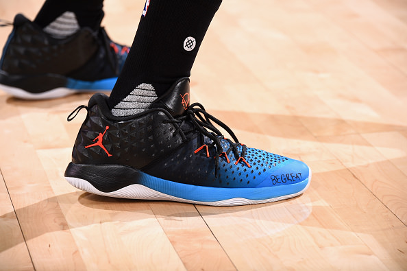 OAKLAND, CA - NOVEMBER 3: Shoes of Victor Oladipo #5 of the Oklahoma City Thunder before the game against the Golden State Warriors on November 3, 2016 at ORACLE Arena in Oakland, California. NOTE TO USER: User expressly acknowledges and agrees that, by downloading and/or using this Photograph, user is consenting to the terms and conditions of the Getty Images License Agreement. Mandatory Copyright Notice: Copyright 2016 NBAE (Photo by Andrew D. Bernstein/NBAE via Getty Images)