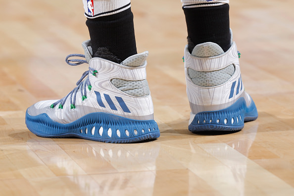 SACRAMENTO, CA - OCTOBER 29: The shoes belonging to Andrew Wiggins #22 of the Minnesota Timberwolves in a game against the Sacramento Kings on October 29, 2016 at Golden 1 Center in Sacramento, California. NOTE TO USER: User expressly acknowledges and agrees that, by downloading and or using this photograph, User is consenting to the terms and conditions of the Getty Images Agreement. Mandatory Copyright Notice: Copyright 2016 NBAE (Photo by Rocky Widner/NBAE via Getty Images)