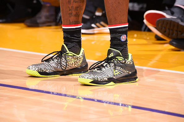 LOS ANGELES, CA - NOVEMBER 6: The sneakers of Louis Williams #23 of the Los Angeles Lakers are seen during the game against the Phoenix Suns on November 6, 2016 at STAPLES Center in Los Angeles, California. NOTE TO USER: User expressly acknowledges and agrees that, by downloading and/or using this Photograph, user is consenting to the terms and conditions of the Getty Images License Agreement. Mandatory Copyright Notice: Copyright 2016 NBAE (Photo by Andrew D. Bernstein/NBAE via Getty Images)