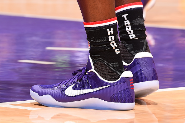 LOS ANGELES, CA - NOVEMBER 04: The shoes of Tarik Black #28 of the Los Angeles Lakers during the game against the Golden State Warriors on November 4, 2016 at STAPLES Center in Los Angeles, California. NOTE TO USER: User expressly acknowledges and agrees that, by downloading and/or using this Photograph, user is consenting to the terms and conditions of the Getty Images License Agreement. Mandatory Copyright Notice: Copyright 2016 NBAE (Photo by Andrew D. Bernstein/NBAE via Getty Images)