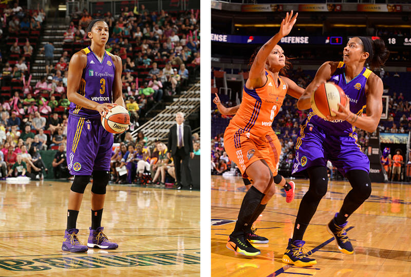 PHOENIX, AZ - AUGUST 28: Candace Parker #3 of the Los Angeles Sparks handles the ball against Mistie Bass #8 of the Phoenix Mercury on August 28, 2016 at Talking Stick Resort Arena in Phoenix, Arizona. NOTE TO USER: User expressly acknowledges and agrees that, by downloading and or using this photograph, user is consenting to the terms and conditions of the Getty Images License Agreement. Mandatory Copyright Notice: Copyright 2016 NBAE (Photo by Barry Gossage/NBAE via Getty Images)