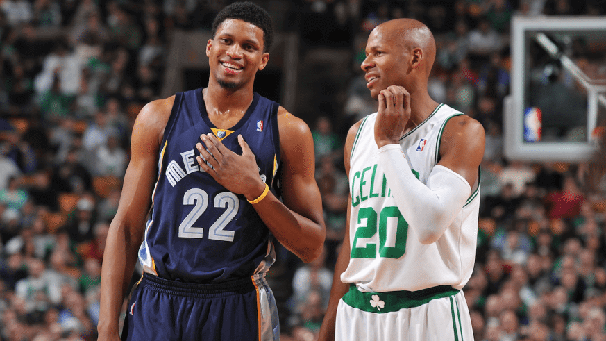 Rudy Gay asks Ray Allen for his kicks. Getty Images