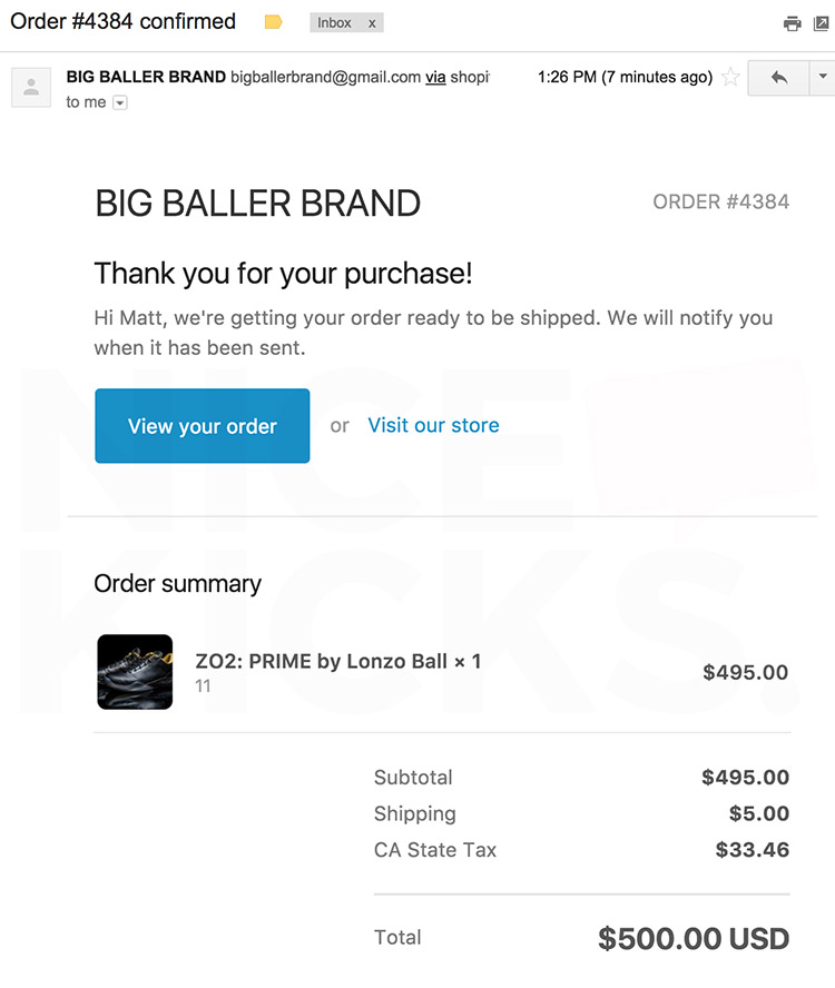 Big Baller Brand order confirmation email