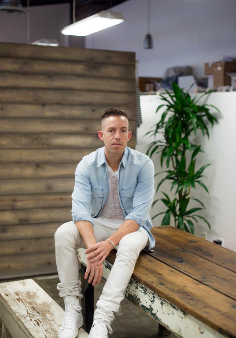 Denim on denim with a neutral tee for contrast.