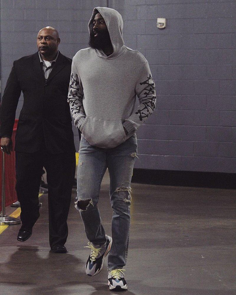 James Harden pairs Yeezy 700 Waverunners with a Cashmere AMIRI Bones hoodie.