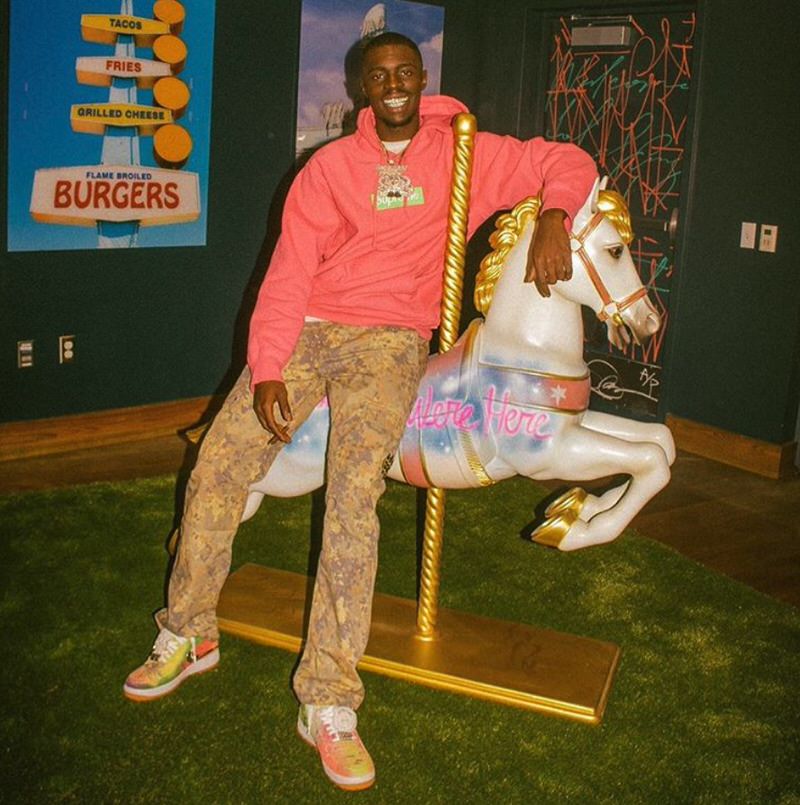 Sheck Wes in the Travis Scott x Nike Air Force 1 Low "Tie Dye Custom"