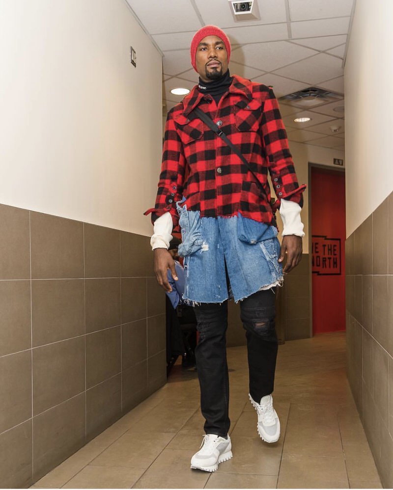 Serge Ibaka wears Greg Lauren coat that blends denim and lumberjack aesthetics.