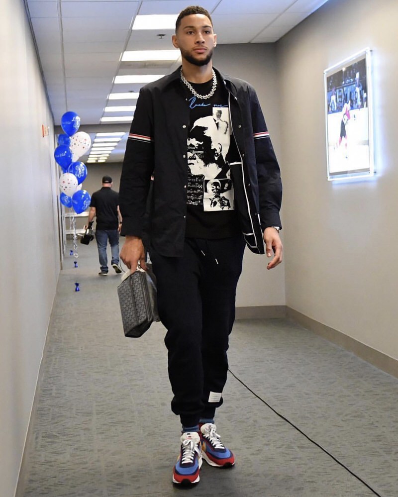 Ben Simmons reps a Thom Browne shirt jacket and sweats with Sacai x Nike LDV Waffledaybreaks.