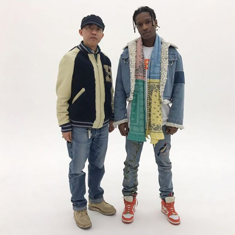 ASAP Rocky pairs sherpa denim jacket with embroidered jeans with the Supreme x Nike SB Dunk High.