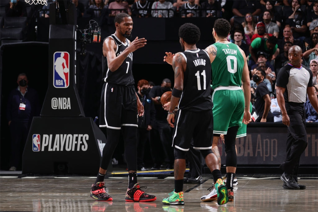 Kevin Durant in the Nike KD 14 "Ky-D" and Kyrie Irving in the Nike Kyrie 7 "Weatherman"